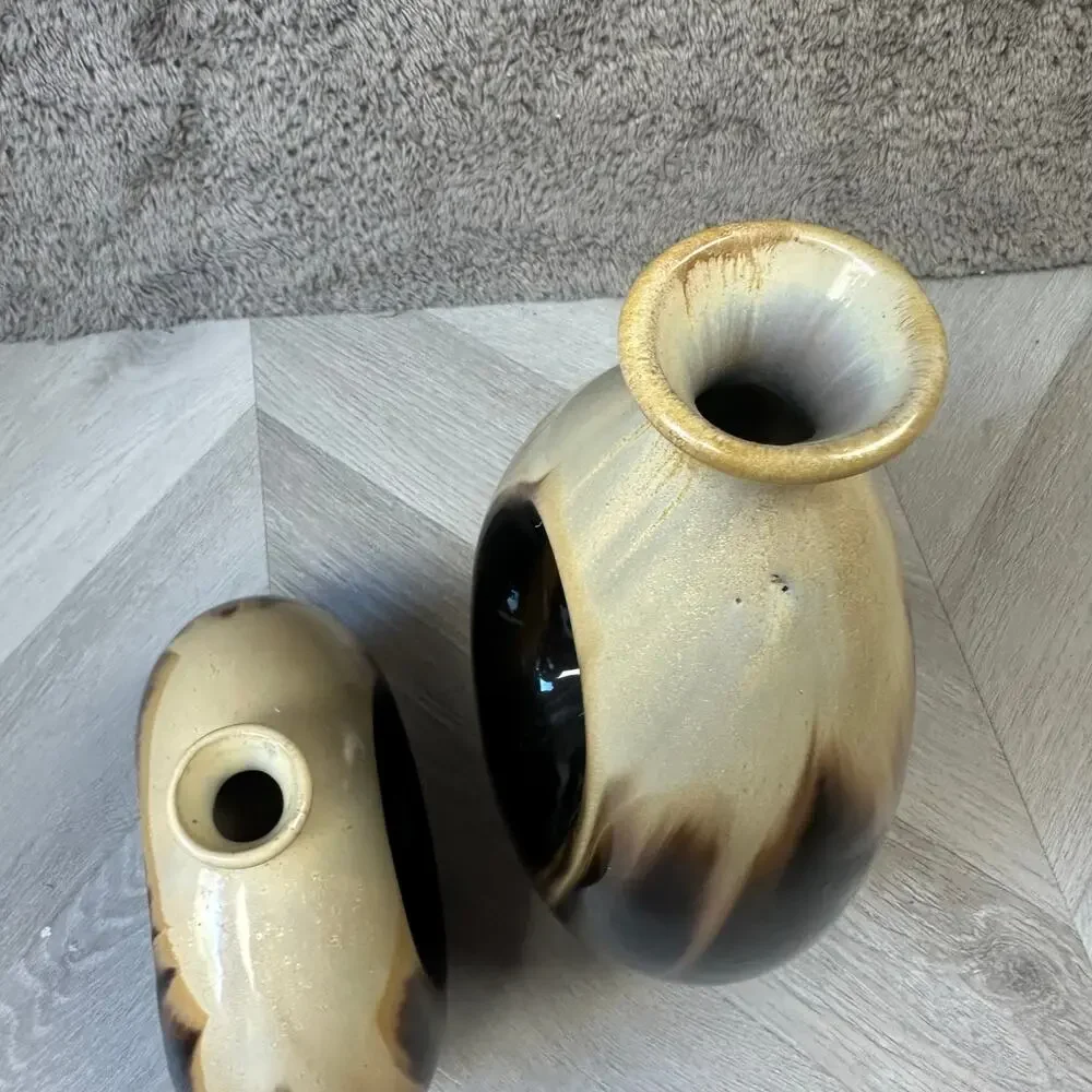 Pair of 2 Vases MCM Mid Century Modern Ceramic Brown Tan Beige Oval Circle